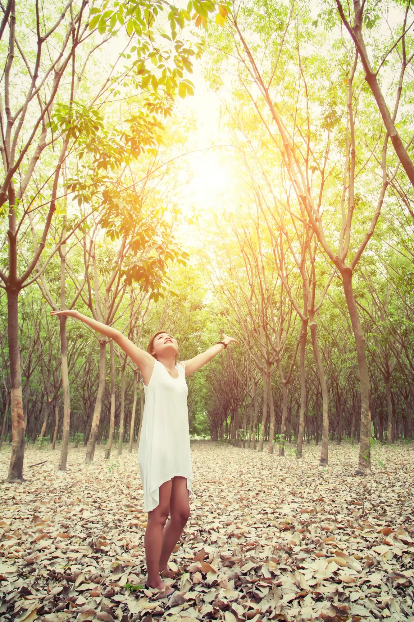 A woman stands with arms outstretched in a sunlit forest, representing the freedom found in opioid addiction treatment in Missouri.