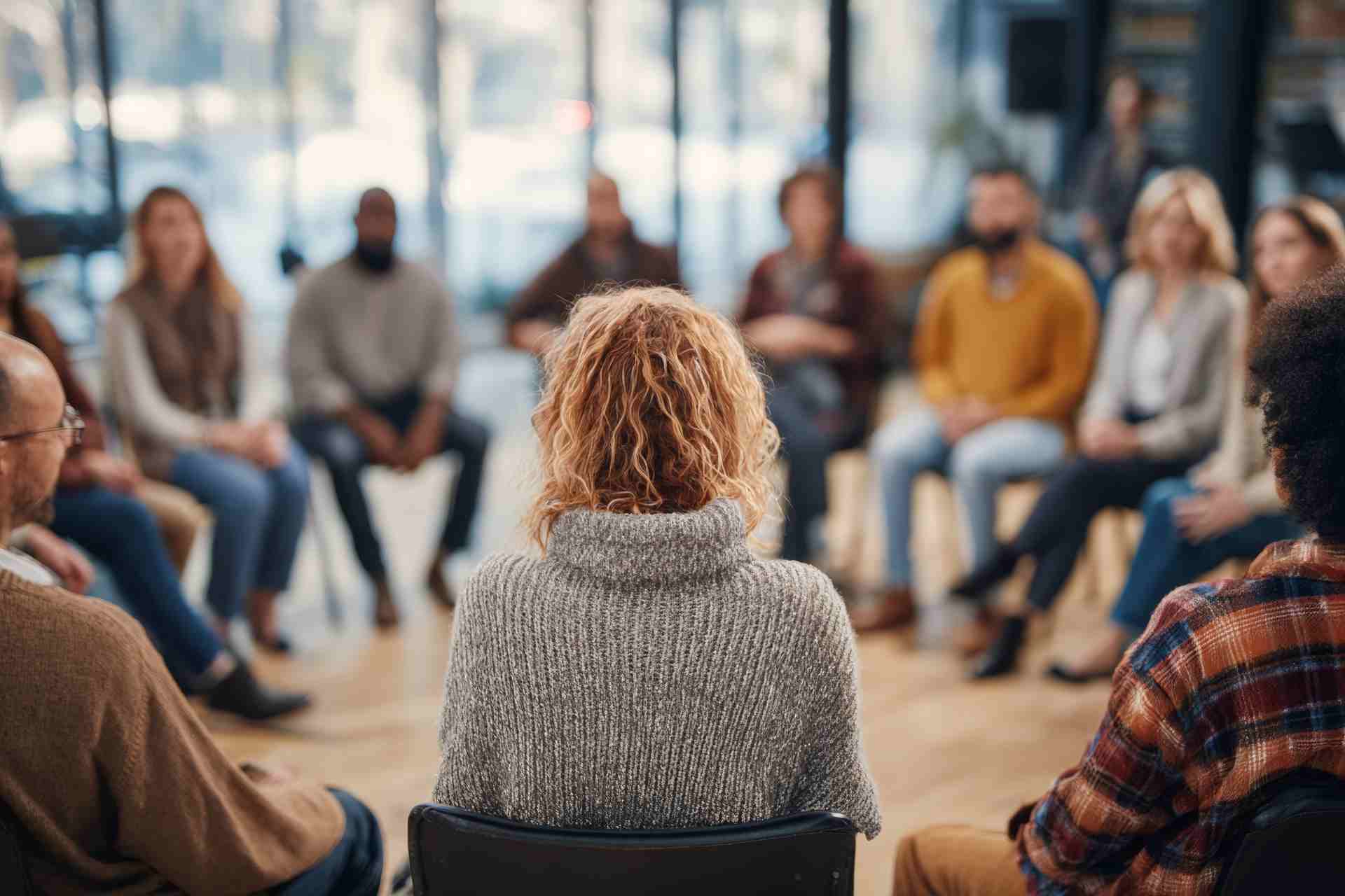 People sitting in circle during addiction recovery group therapy session