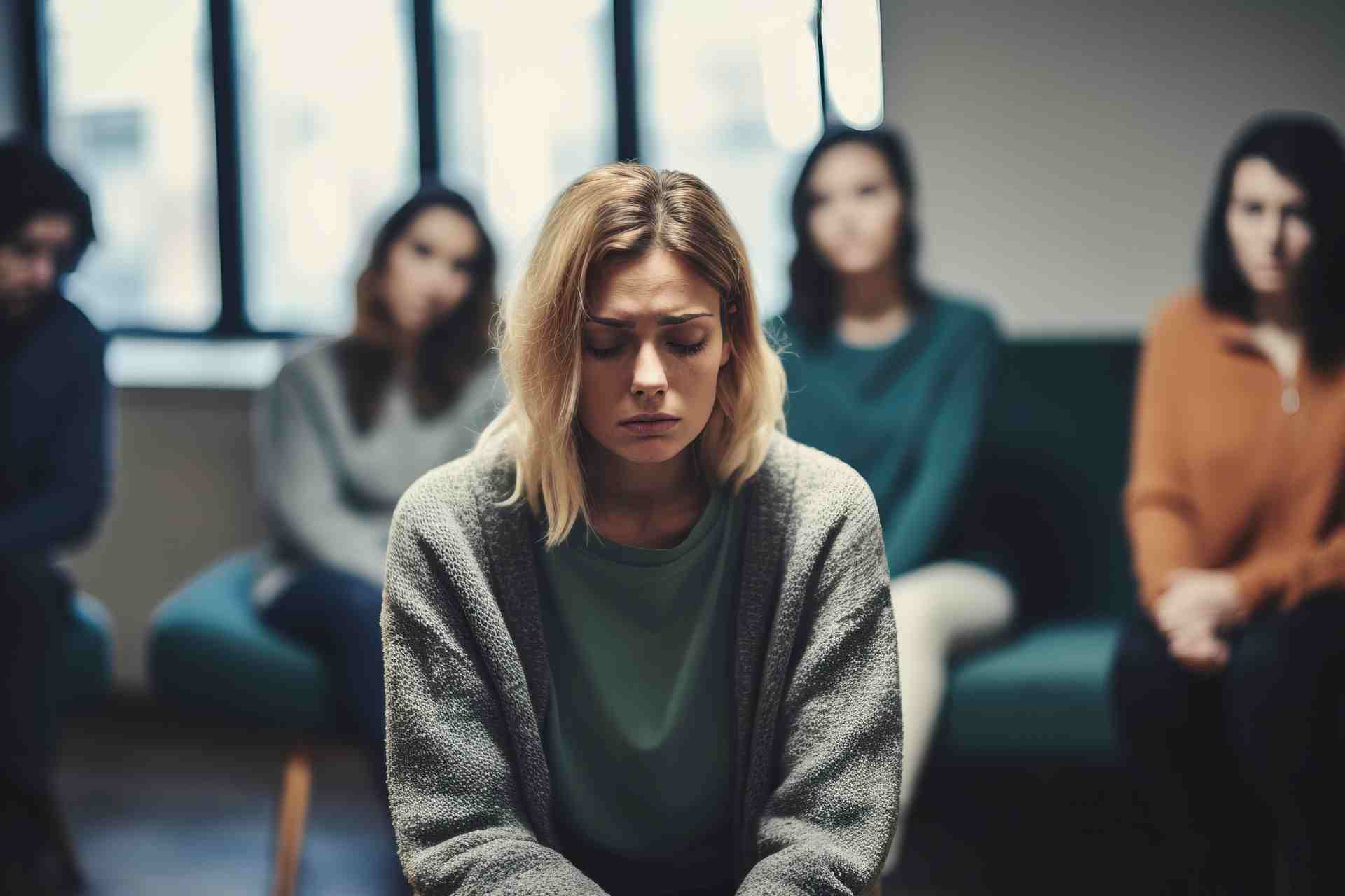 Woman showing emotional distress during addiction group therapy session