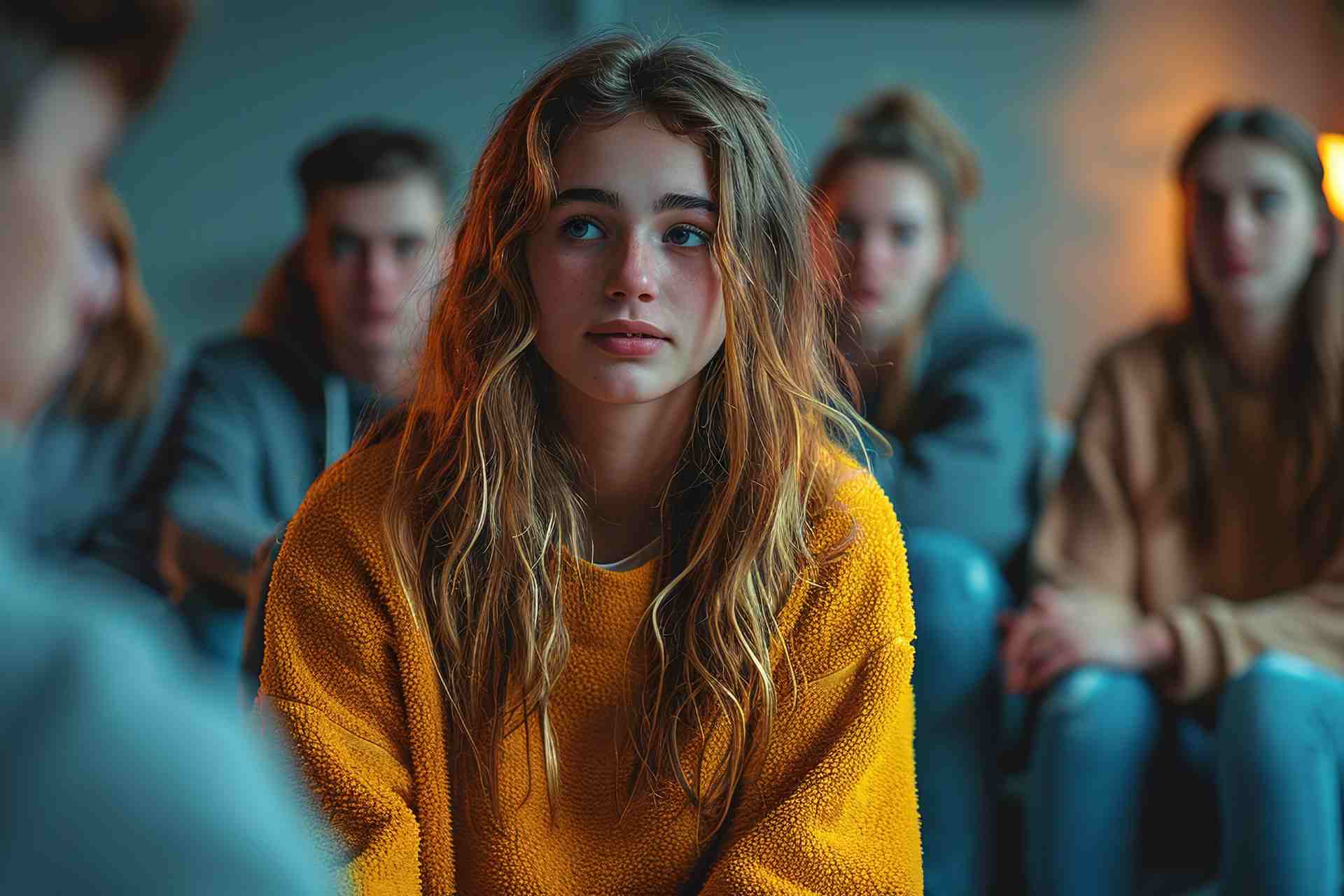Teen participating in group therapy session for addiction treatment